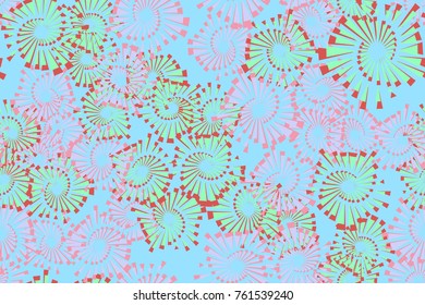 Seamless pattern. Explosions of fireworks inscribed in pentagons. Five colors. For design, textiles, 3D graphics and wallpapers.