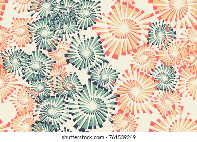 Seamless pattern. Explosions of fireworks inscribed in pentagons. Five colors. For design, textiles, 3D graphics and wallpapers.