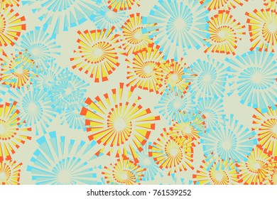 Seamless pattern. Explosions of fireworks inscribed in pentagons. Five colors. For design, textiles, 3D graphics and wallpapers.