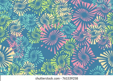 Seamless pattern. Explosions of fireworks inscribed in pentagons. Five colors. For design, textiles, 3D graphics and wallpapers.