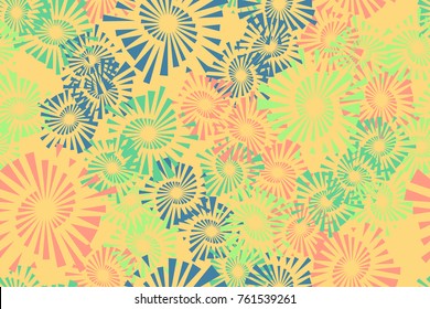 Seamless pattern. Explosions of fireworks inscribed in pentagons. Five colors. For design, textiles, 3D graphics and wallpapers.