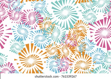 Seamless pattern. Explosions of fireworks inscribed in pentagons. Five colors. For design, textiles, 3D graphics and wallpapers.