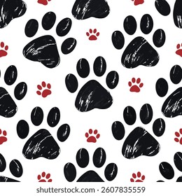 Seamless pattern of expressive black and red paw prints with brush texture. A modern vector design perfect for pet-themed fashion, casual textile prints, and bold graphic projects.