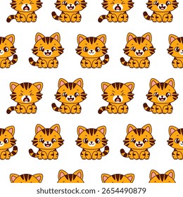 Seamless pattern with expressive orange cartoon cats on white background smiling, happy and crying. Emotional orange cartoon cats for nursery decor and gift wrapping. Vector illustration