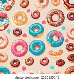 Seamless Pattern of Exquisite Donut Creations Vector Illustration. Donut Extravaganza 