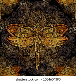 Seamless pattern - exquisite golden ornate stylized dragonfly against the background of the mandala. Spiritual, esoteric, totem symbol. Ethnic tribal patterns with elements of Ar Nouveau and Boho.