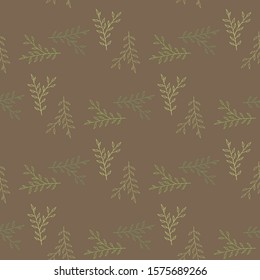Seamless pattern with exquisite green branches on brown background for  fabric, textile, clothes, blanket, scrapbooking and other things. Vector image. 