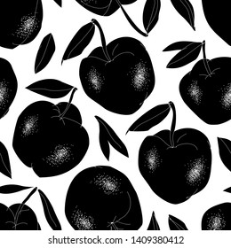 Seamless pattern of exquisite, hand drawn fine apples, silhouettes of black fruits. Engraving, textured style. 

