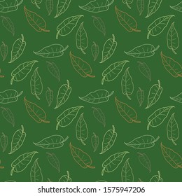 Seamless pattern with exquisite multicolored leaves on dark green background for  fabric, textile, clothes, blanket, scrapbooking and other things. Vector image. 