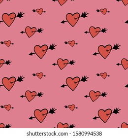Seamless pattern with exquisite red hearts pierced with arrows on pink background for  fabric, textile, clothes, tablecloth and other things. Vector image. 
