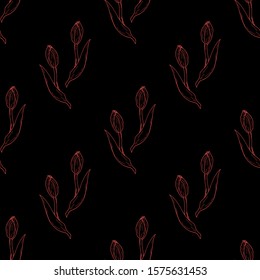 Seamless pattern with exquisite red tulips on black background for fabric, textile, clothes, blanket, scrapbooking and other things. Vector image.