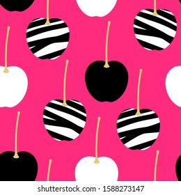 Seamless pattern of exqusite black, white and textured cherries on bright pink background