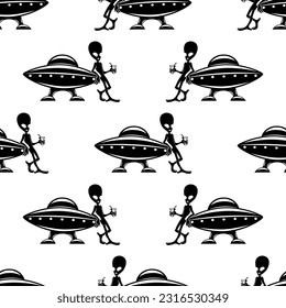 Seamless pattern with extraterrestrial alien on white background.