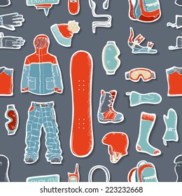 Seamless pattern of extreme winter sport elements. Snowboard clothing and kit for your design. 