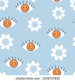 Patrón sin brillo con dibujos de ojos y flor de margarita en la ilustración vectorial de fondo azul.