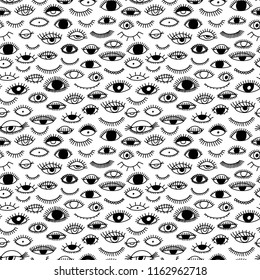 Seamless pattern with eye and eyelashes. Ink illustration. Ornament for wrapping paper. Monochrome design.