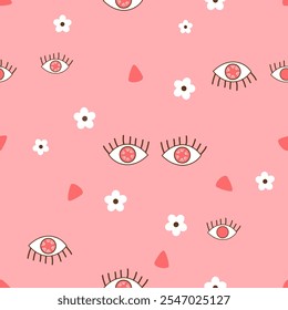 Seamless pattern with eye, flower and petals on pink  background vector.