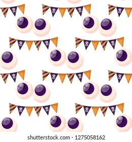 Seamless pattern with eye happy Halloween vector illustration. Scary wallpaper texture cartoon, orange spooky background. Trick or treat backdrop.