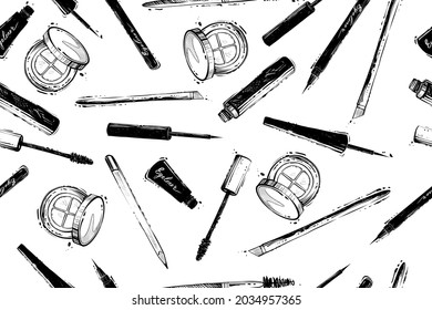 Seamless pattern of eye make up stuff, monochrome vector