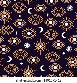 Seamless Pattern with Eye, Moon and Sun. Vector illustration. Golden Alchemy Symbols, Occult and Mystic Signs on Black Night Background with Stars.