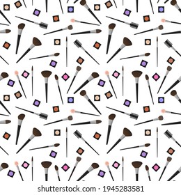 Seamless pattern of eye shadow and makeup brushes on a white background. Vector pattern in flat cartoon style for beauty salons and wrapping paper
