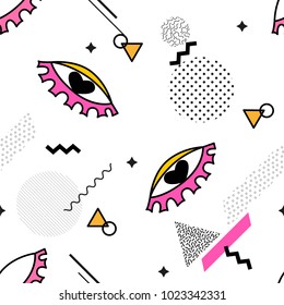 Seamless pattern with eye sign and trendy geometric elements. Vector background.