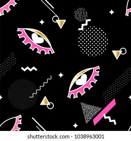 Seamless pattern with eye sign and trendy geometric elements. Vector background.