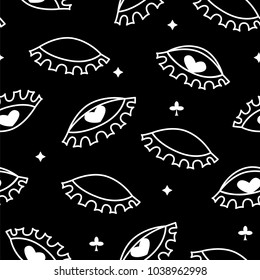 Seamless pattern with eye signs and stars on black background. Vector.