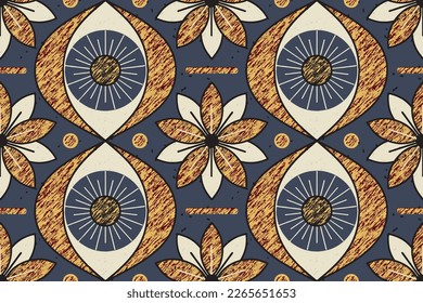 Seamless pattern with eyeballs and flowers in retro style. Mystical background with a decorative pattern of open eyes. Trendy surface design with a surreal 70s motif. Vector illustration.