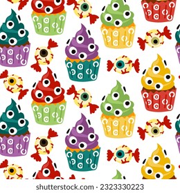 Seamless pattern of eye-catching Halloween cupcakes on a white background. Happy Halloween, scary sweets. Cartoon pattern with colored monsters with eyes and candy in the form of human eyes. Vector