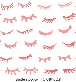 Seamless pattern. Eyelashes cartoon background. Cute closed doodle eyes. Pretty woman hand drawn lashes, sleeping girl. Vector illustrations.