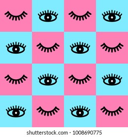 Seamless pattern with eyelashes. Open eye with lash. Cute eyelash. Background with lashes. Vector illustration. Pink and blue backdrop. Fashion style.