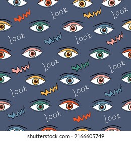 Nahtloses Muster der Augen auf dunkelblauem Hintergrund im Retro-Stil. Vektorgrafik.