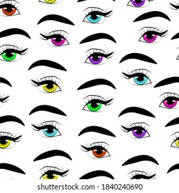 
Seamless pattern with eyes of different colors, eyes of bright trendy colors, colored lenses, modern look, vector illustration.