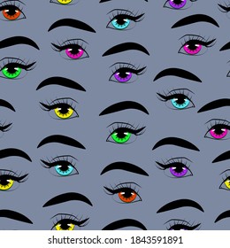 Seamless pattern with eyes of different colors, eyes of bright trendy colors, colored lenses, modern look, vector illustration.