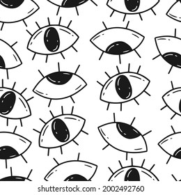 Patrón sin foco con ojos en estilo doodle. Ilustración en blanco y negro del fondo del vector.