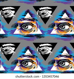 Seamless pattern with eyes. Eye in the pyramid, Masonic symbol. Multicolored drawing.