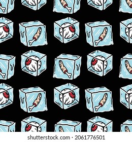 seamless pattern of eyes and finger trapped in ice cubes on black background