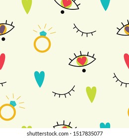 Seamless pattern with eyes, hearts and rings. Vector illustration.