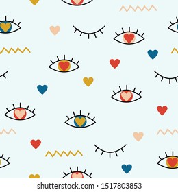 Seamless pattern with eyes, hearts and zigzags. Vector illustration.