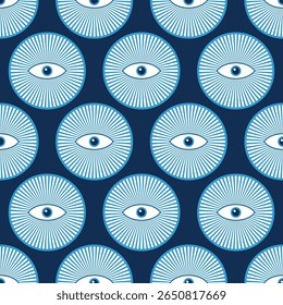 Padrão contínuo com olhos dentro de círculos listrados. Simbolismo esotérico. Magia, bruxaria, símbolos ocultos. Padrão de olhos de cor azul. Olhos mágicos. Elementos decorativos isolados. Plano de fundo do vetor de cores.