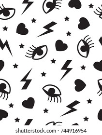 Seamless pattern with eyes, lightning, stars and hearts. In black and white.