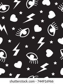 Seamless pattern with eyes, lightning, stars and hearts. In black and white.