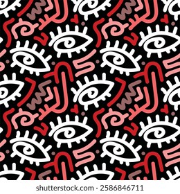 Seamless pattern of eyes and line art. Doodle style seamless pattern for fabric, wrapping paper, wallpaper, sticker, prints, landing page, design, etc