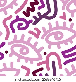 Seamless pattern of eyes and line art. Doodle style seamless pattern for fabric, wrapping paper, wallpaper, sticker, prints, landing page, design, etc