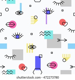 Seamless pattern with eyes and lips and geometric elements. The template for the cover fabric, books. Memphis style