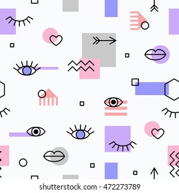 Seamless pattern with eyes and lips and geometric elements. The template for the cover fabric, books. Memphis style