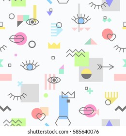Seamless pattern with eyes and lips and geometric elements. The template for the cover fabric, books. Memphis style