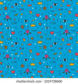 Seamless pattern with eyes, lips, hearts and other geometric elements. Modern hand drawn background. Memphis style. Tattoo. Vector illustration