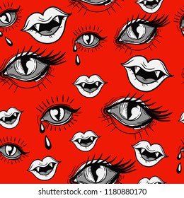 Seamless pattern with eyes and lips on red background. Vector.